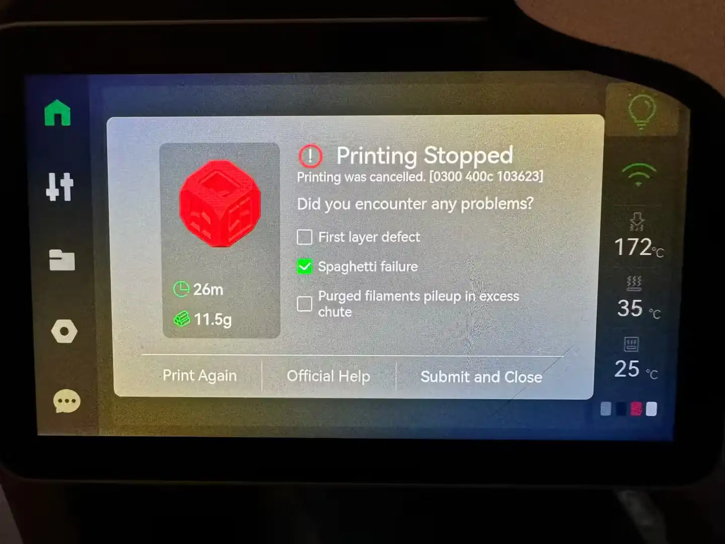 X1C touchscreen showing the Printing Stopped dialog with Spaghetti failure selected
