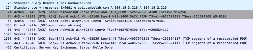 Wireshark capture showing the TLS certificate handshake between the printer and BambuLab API server