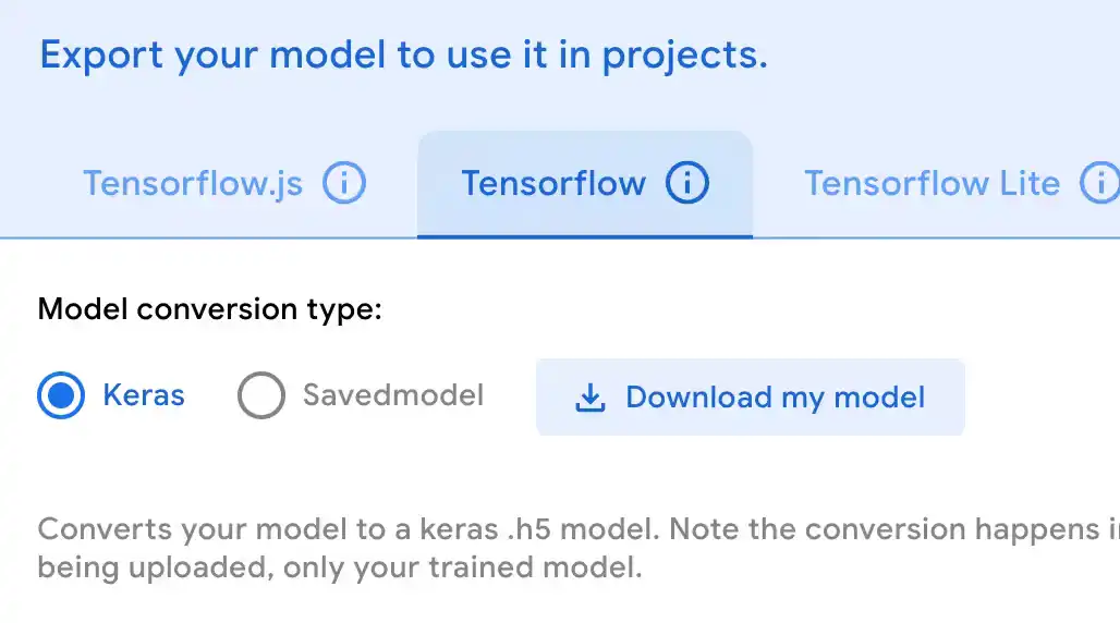 Teachable Machine export dialog for downloading the Keras model