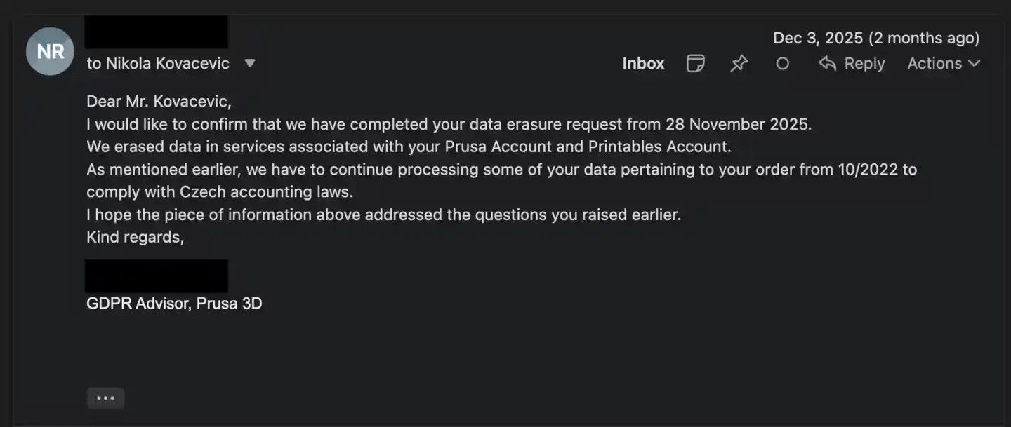 Prusa email claiming data was deleted