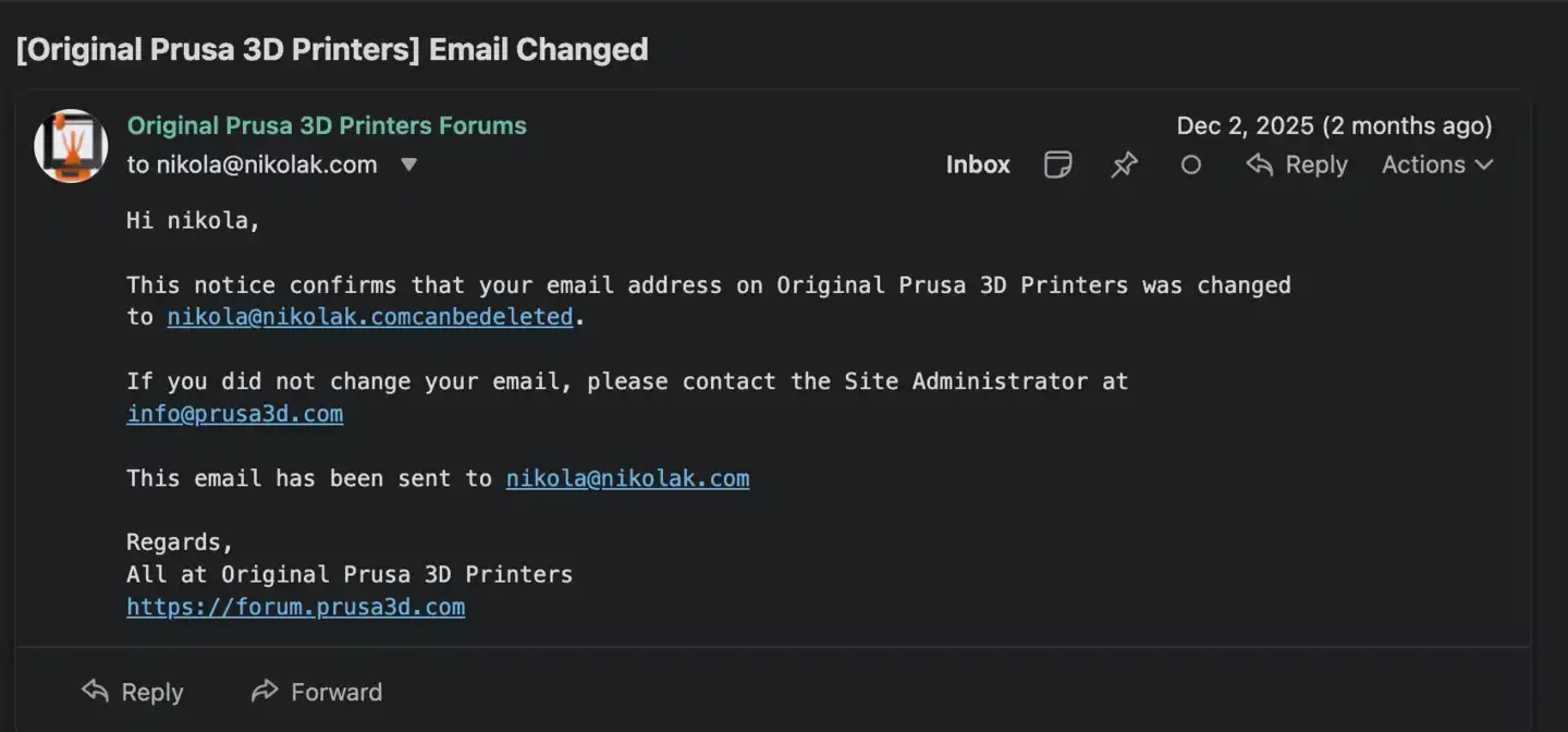 Prusa response changing the user’s email instead of deleting data