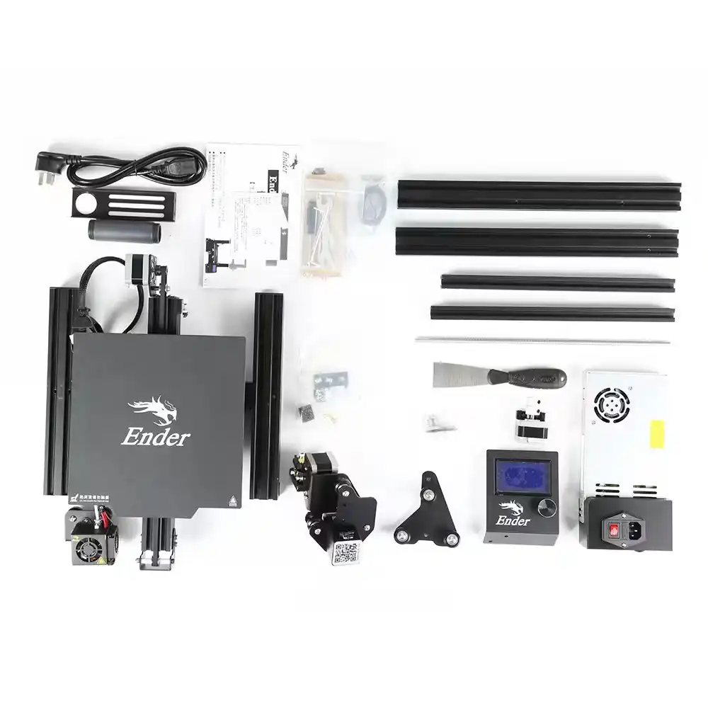 Ender 3 package contents laid out before assembly